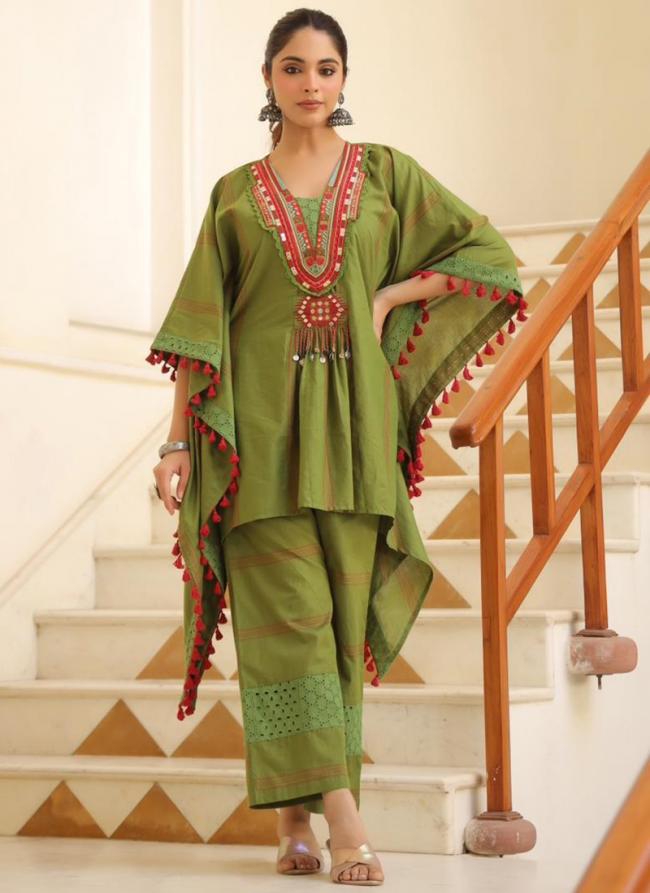 Cotton Green Party Wear Hand Work Readymade Kaftan With Pant
